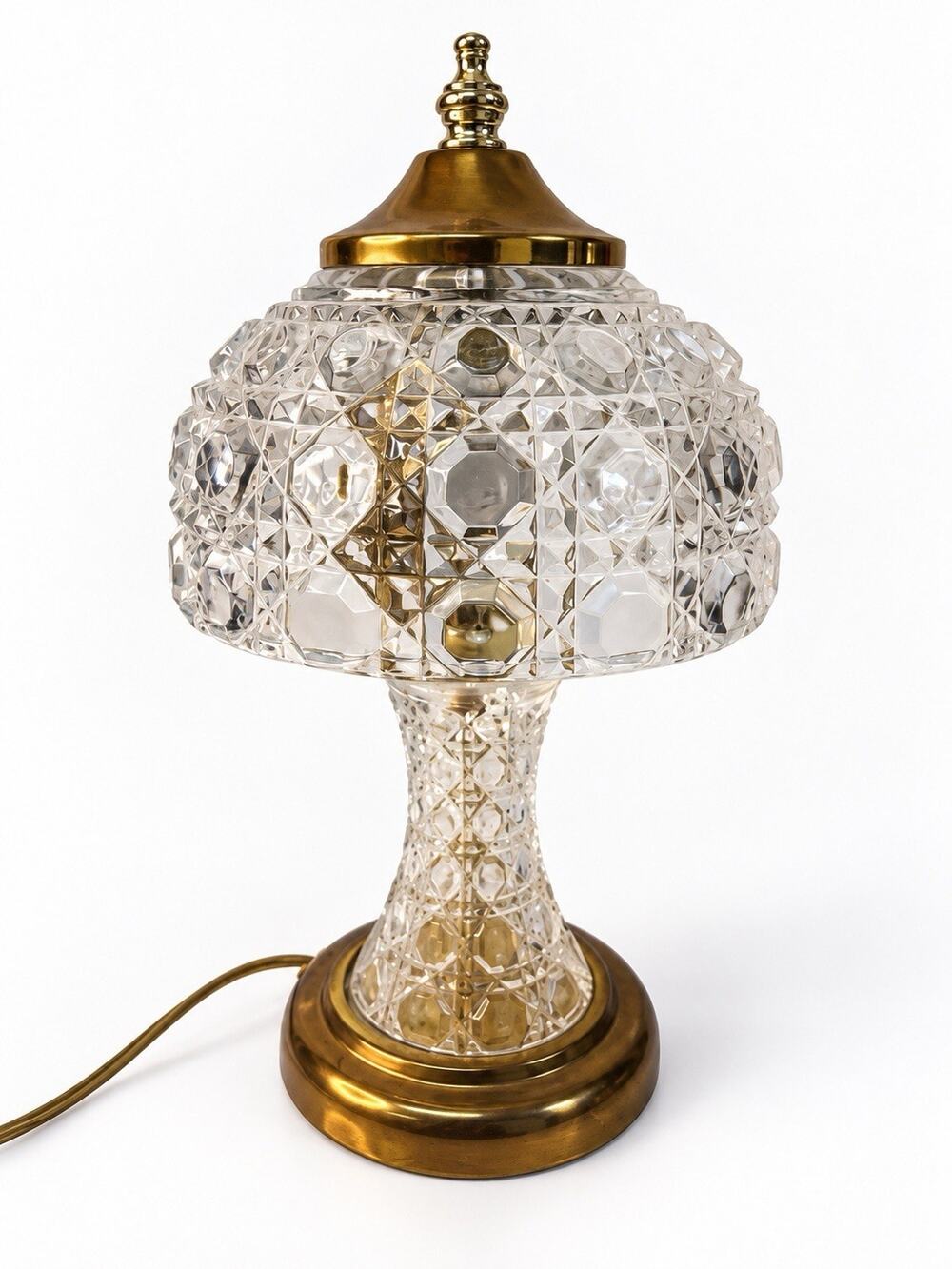 Vintage Crystal Glass Mushroom Boudoir Table Lamp Brass Accents 11” Works